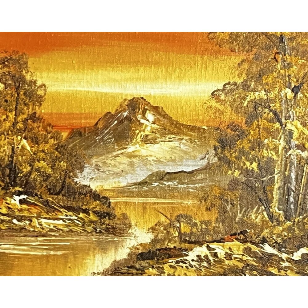 VTG 70s landscape painting Matted framed Dark Wood Yellow Glow Mountain Scene